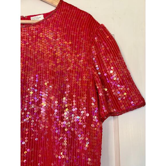 Vintage Jean for Joseph Le Bon Red Puff Sleeve Sequin Party Top- Size Large - Picture 6 of 7